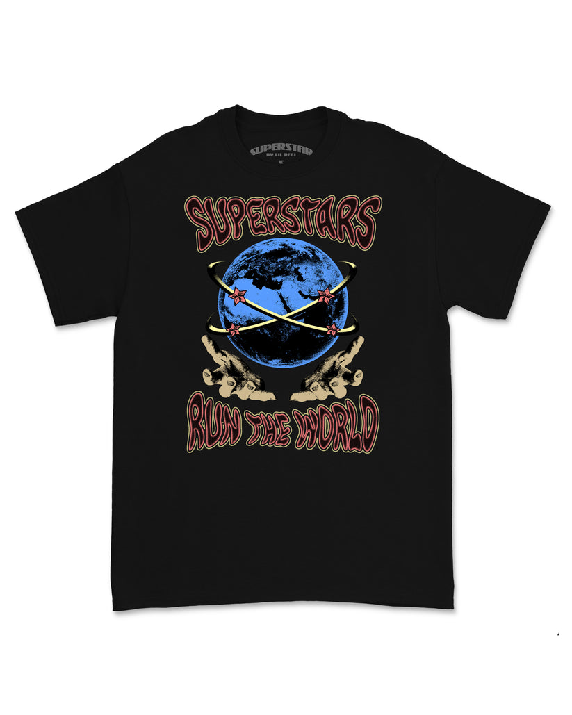 Superstars Run the World Black Tee – Superstar Clothing